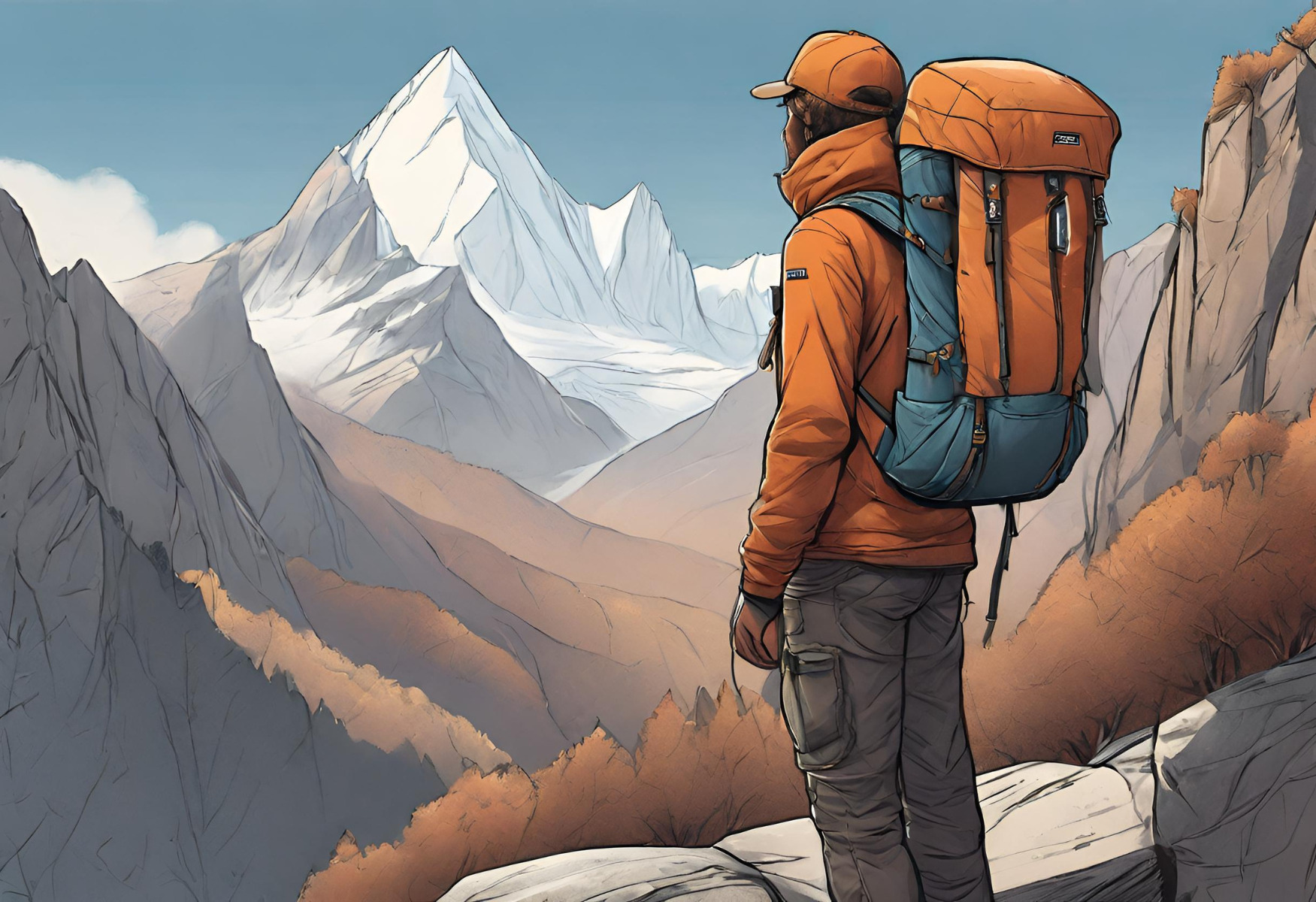 mountain view with backpacker illustration